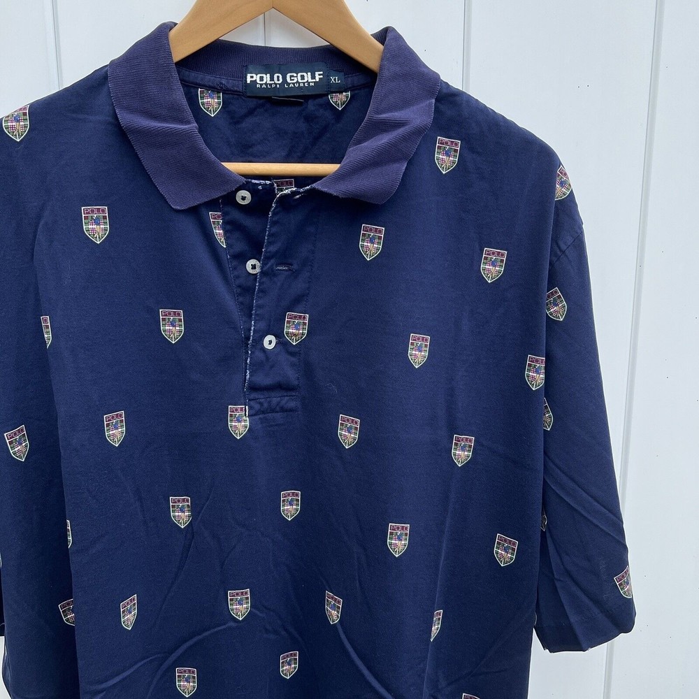 VTG 90s Polo Ralph Lauren Shield Logo All over Print Golf Shirt XL Single Stitch